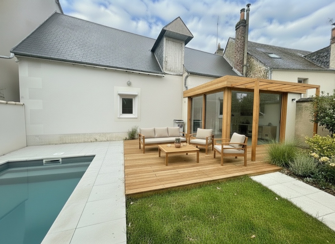 Photorealistic render of a courtyard with pool, wood deck and glazed garden room