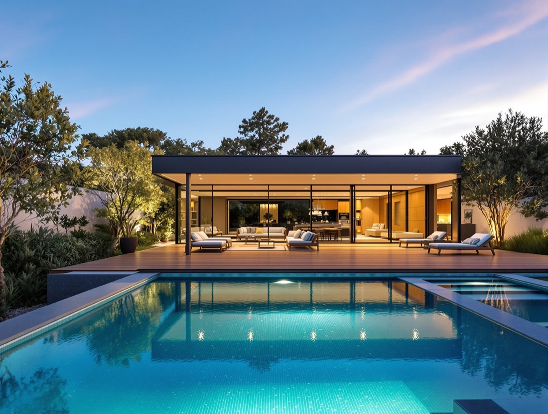 Contemporary villa with infinity pool, wood deck and outdoor lounge at dusk