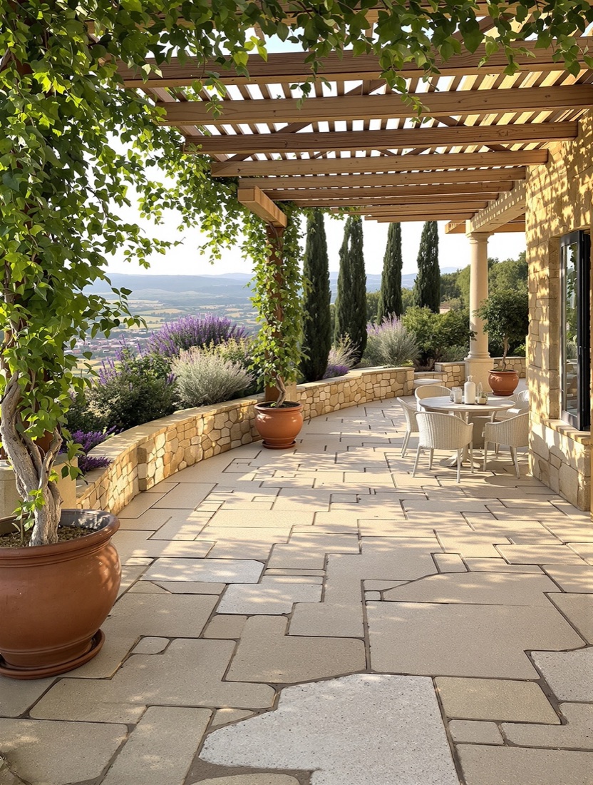 Mediterranean stone terrace with pergola, olive trees and valley view