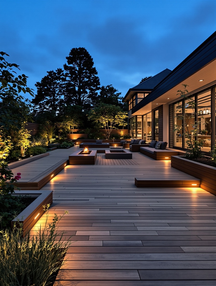 Modern wood deck garden at dusk with fire pit and warm lighting